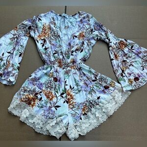 Floral Lace-Hem Light Blue Romper